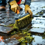 Werknemer reinigt grijze waterdoorlatende bestrating met borstel, mos en vuil zichtbaar tussen stenen