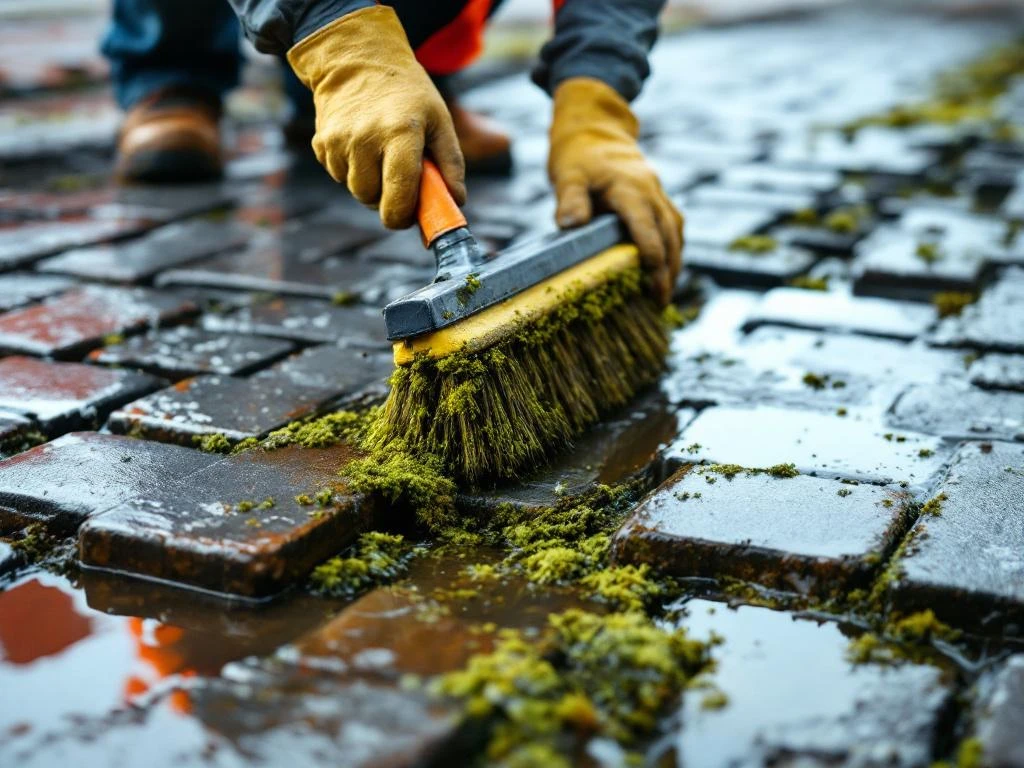 Werknemer reinigt grijze waterdoorlatende bestrating met borstel, mos en vuil zichtbaar tussen stenen