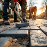 Bouwvakkers leggen grijze betonnen straattegels op Nederlandse woonstraat tijdens gouden uur, dragend oranje veiligheidsvesten