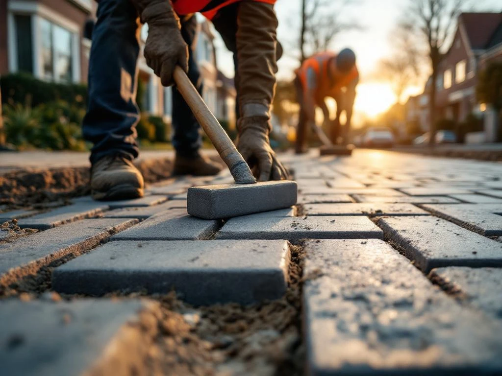Bouwvakkers leggen grijze betonnen straattegels op Nederlandse woonstraat tijdens gouden uur, dragend oranje veiligheidsvesten