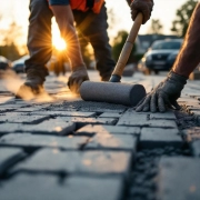 Bouwvakkers leggen grijze betonklinkers op parkeerplaats tijdens gouden uur, dragen oranje veiligheidsvesten