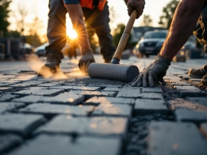 Bouwvakkers leggen grijze betonklinkers op parkeerplaats tijdens gouden uur, dragen oranje veiligheidsvesten