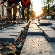 Wegwerkers leggen grijze betonklinkers op Nederlandse straat tijdens reconstructie, dragen oranje veiligheidsvesten