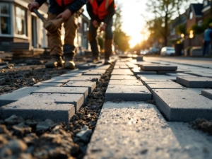 Wegwerkers leggen grijze betonklinkers op Nederlandse straat tijdens reconstructie, dragen oranje veiligheidsvesten