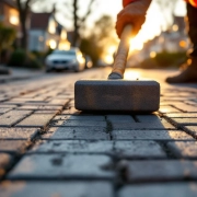 Straatwerkers leggen grijze betonklinkers in visgraatpatroon op Nederlandse woonstraat tijdens gouden uur