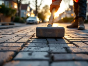 Straatwerkers leggen grijze betonklinkers in visgraatpatroon op Nederlandse woonstraat tijdens gouden uur