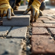 Arbeider plaatst grijze betonklinkers naast rode bakstenen tegels op Nederlandse straat, met hamer en zand zichtbaar
