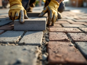 Arbeider plaatst grijze betonklinkers naast rode bakstenen tegels op Nederlandse straat, met hamer en zand zichtbaar