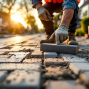 Bouwvakkers leggen grijze betonklinkers op Nederlandse straat met rubberen hamer, gouden uurtje verlichting