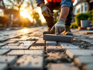 Bouwvakkers leggen grijze betonklinkers op Nederlandse straat met rubberen hamer, gouden uurtje verlichting