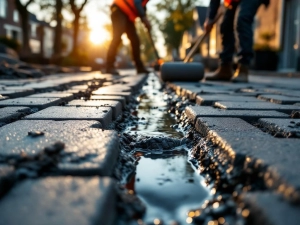 Werknemers installeren waterdoorlatende grijze bestrating op Nederlandse straat, water sijpelt zichtbaar door voegen