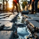 Werknemers installeren waterdoorlatende grijze bestrating op Nederlandse straat, water sijpelt zichtbaar door voegen
