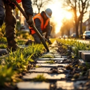 Wegwerkers in oranje hesjes installeren groene doorlatende bestrating met grasstroken in Nederlandse woonwijk