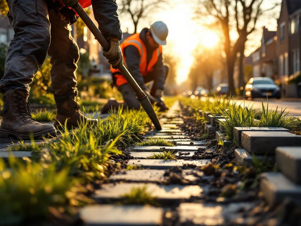 Wegwerkers in oranje hesjes installeren groene doorlatende bestrating met grasstroken in Nederlandse woonwijk