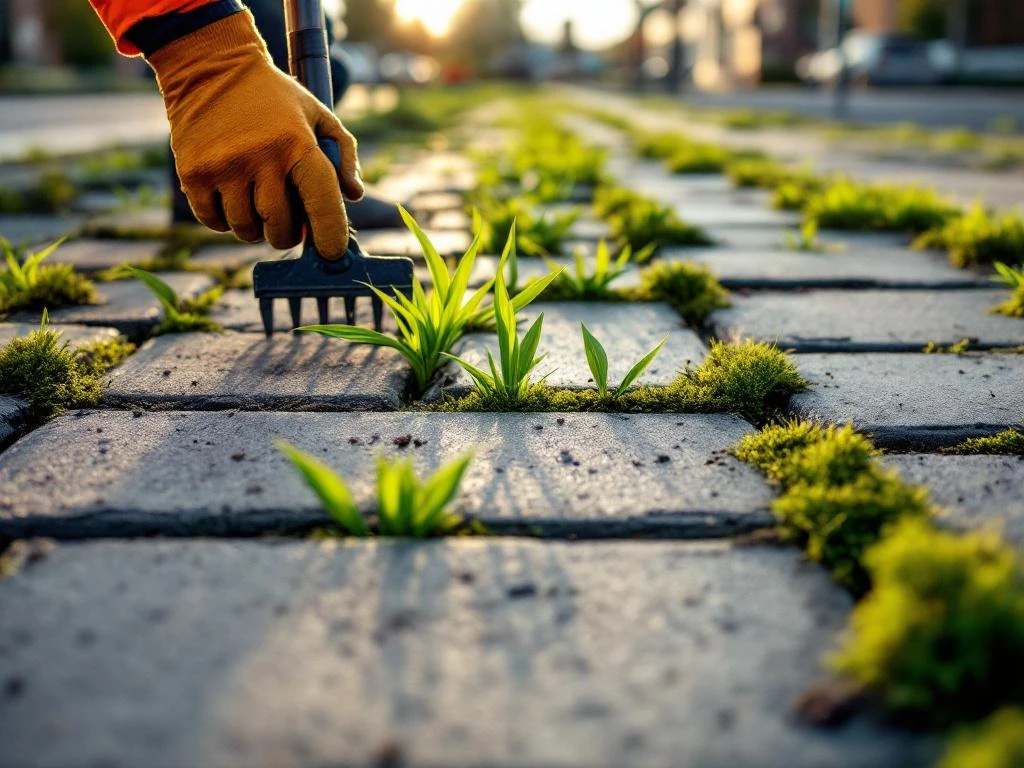 Werknemer verwijdert onkruid tussen grijze betonnen stoeptegels met gespecialiseerd gereedschap in Nederlandse straat