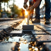 Wegwerkers leggen grijze waterdoorlatende bestrating aan op Nederlandse woonstraat tijdens gouden uur, water sijpelt door voegen