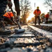 Bouwvakkers leggen grijze betonnen tegels aan op Nederlandse straat tijdens gouden uur met oranje veiligheidsvesten