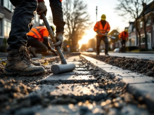 Bouwvakkers leggen grijze betonnen tegels aan op Nederlandse straat tijdens gouden uur met oranje veiligheidsvesten