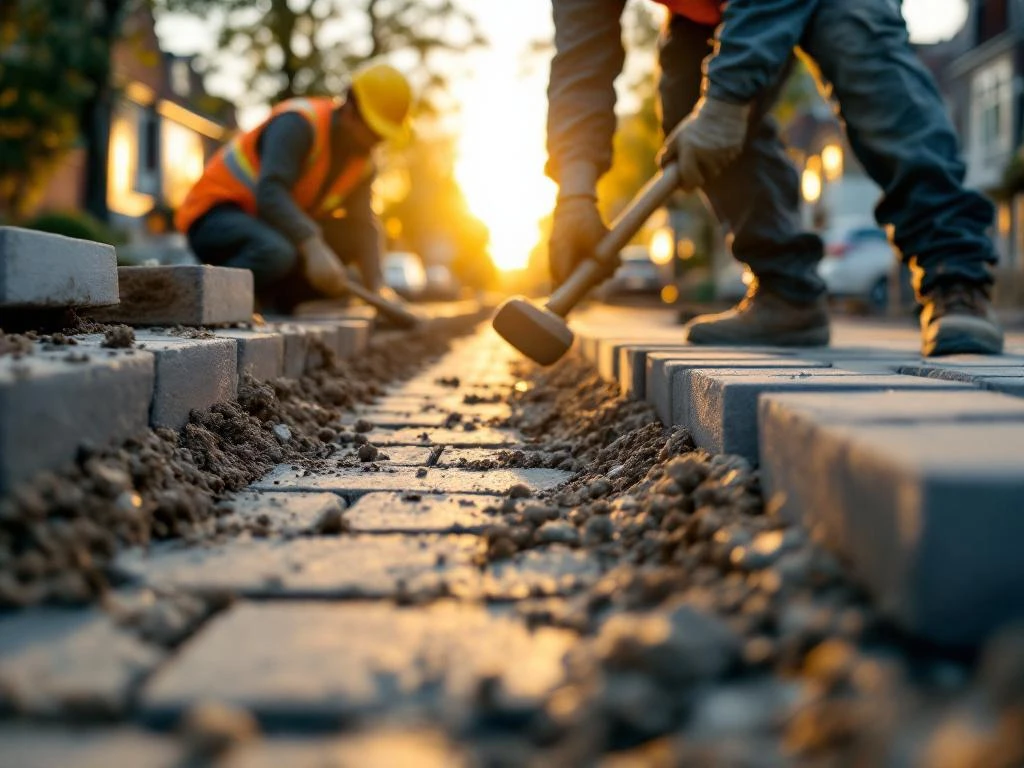 Wegenbouwers leggen grijze straatstenen op Nederlandse woonstraat tijdens gouden uur, met oranje veiligheidsvesten