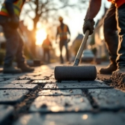 Wegwerkers leggen grijze straatstenen op Nederlandse woonstraat tijdens gouden uur, dragen oranje veiligheidsvesten