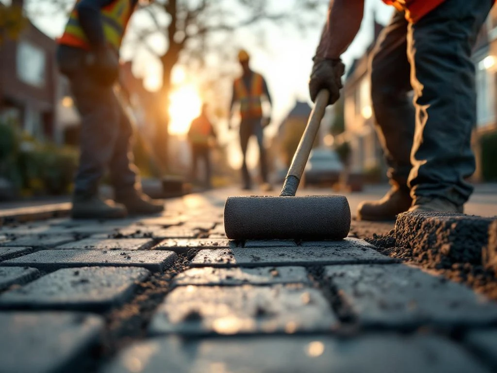 Wegwerkers leggen grijze straatstenen op Nederlandse woonstraat tijdens gouden uur, dragen oranje veiligheidsvesten