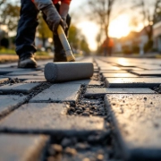 Bouwvakkers leggen grijze waterdoorlatende straatklinkers op Nederlandse woonstraat tijdens gouden uur