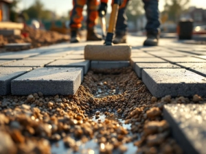 Bouwvakkers installeren waterdoorlatende grijze bestrating op parkeerplaats, water sijpelt door voegen, bouwplaats Nederland