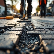 Arbeiders installeren waterdoorlatende bestrating op Nederlandse straat, close-up van poreuze voegen tussen grijze tegels