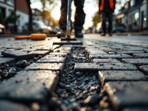 Arbeiders installeren waterdoorlatende bestrating op Nederlandse straat, close-up van poreuze voegen tussen grijze tegels