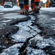 Wegwerker in oranje hesje inspecteert vorstschade op asfaltweg met diepe scheuren en ijskristallen