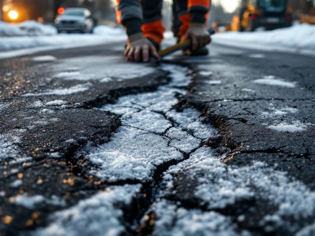 Wegwerker in oranje hesje inspecteert vorstschade op asfaltweg met diepe scheuren en ijskristallen