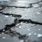 Verweerde betonnen straatklinkers met zoutkristallen en witte mineraalafzettingen op nat wegdek, winterschade zichtbaar
