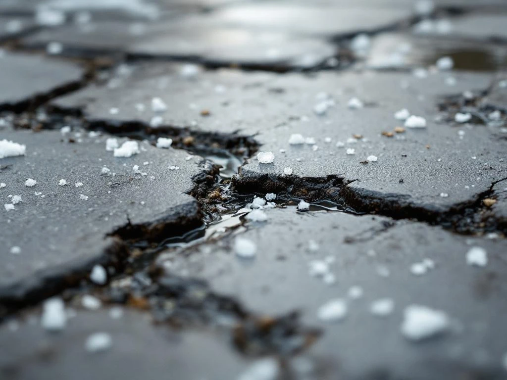 Verweerde betonnen straatklinkers met zoutkristallen en witte mineraalafzettingen op nat wegdek, winterschade zichtbaar