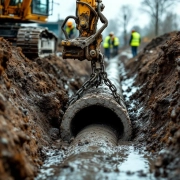 Bouwvakkers installeren betonnen drainagepijp in modderige sleuf met graafmachine, gele hesjes, Nederlandse bouwplaats