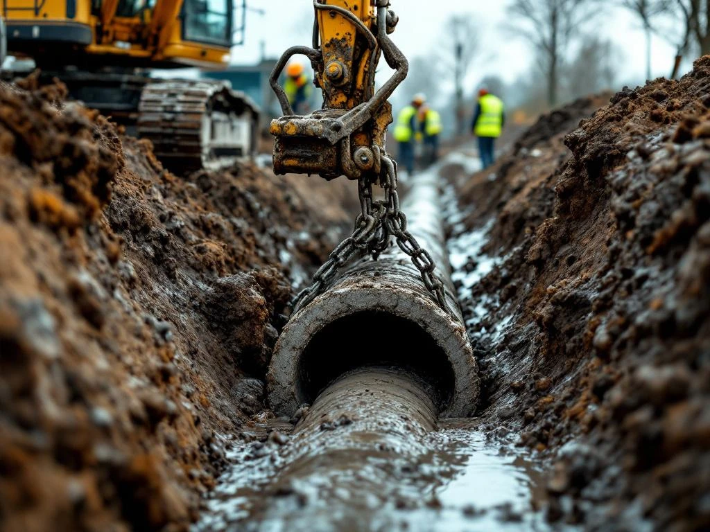 Bouwvakkers installeren betonnen drainagepijp in modderige sleuf met graafmachine, gele hesjes, Nederlandse bouwplaats