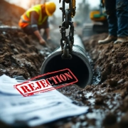 Bouwvakkers installeren betonnen drainagepijp in modderige sleuf met graafmachine, afgewezen waterschap documenten op voorgrond
