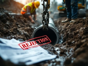 Bouwvakkers installeren betonnen drainagepijp in modderige sleuf met graafmachine, afgewezen waterschap documenten op voorgrond