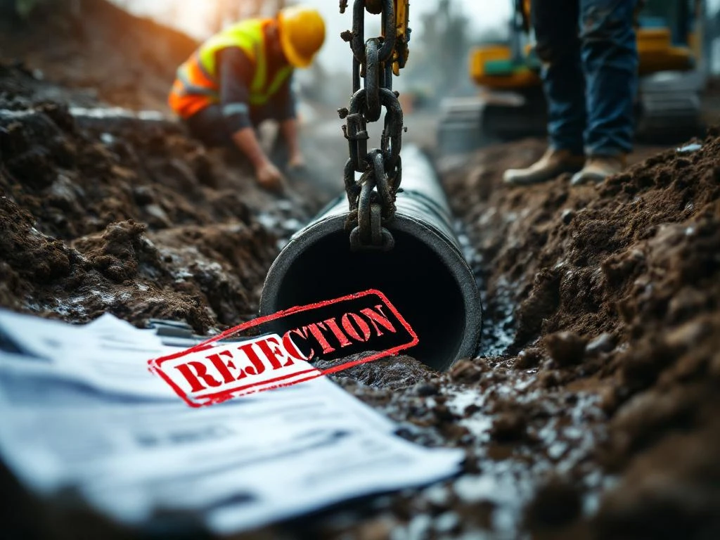 Bouwvakkers installeren betonnen drainagepijp in modderige sleuf met graafmachine, afgewezen waterschap documenten op voorgrond