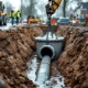 Bouwvakkers installeren grote betonnen drainagepijp met graafmachine in modderige sleuf op Nederlandse bouwplaats