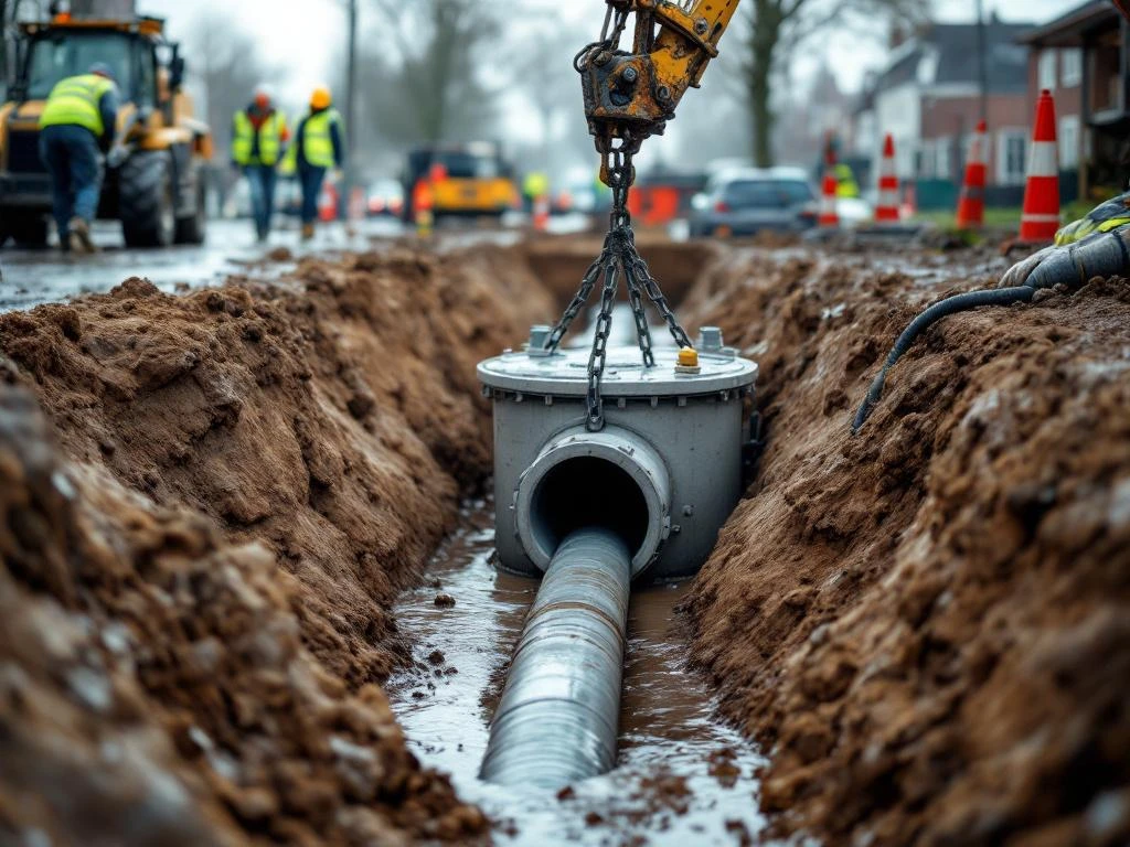 Bouwvakkers installeren grote betonnen drainagepijp met graafmachine in modderige sleuf op Nederlandse bouwplaats