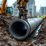 Bouwvakkers installeren betonnen drainagepijp in modderige sleuf met graafmachine, veiligheidsvesten, nieuwbouw op achtergrond