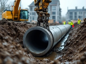 Bouwvakkers installeren betonnen drainagepijp in modderige sleuf met graafmachine, veiligheidsvesten, nieuwbouw op achtergrond