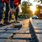 Werknemers leggen duurzame grijze bestrating aan op Nederlandse straat tijdens gouden uur, dragend oranje veiligheidsvesten