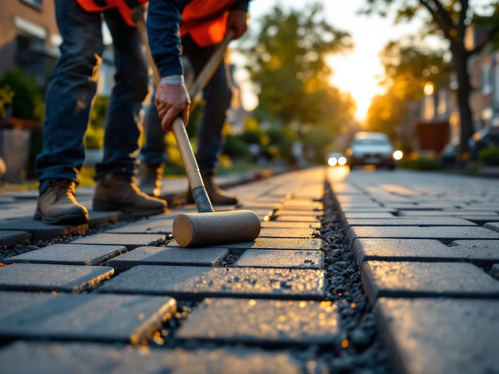 Werknemers leggen duurzame grijze bestrating aan op Nederlandse straat tijdens gouden uur, dragend oranje veiligheidsvesten