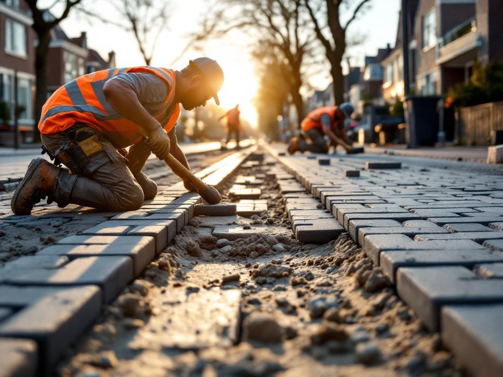 Wegwerkers repareren verzakte grijze klinkers op Nederlandse straat, één met rubberen hamer, ander voegt zand toe