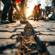 Wegwerkers leggen grijze straatstenen op Nederlandse woonstraat tijdens gouden uur, dragen oranje veiligheidsvesten