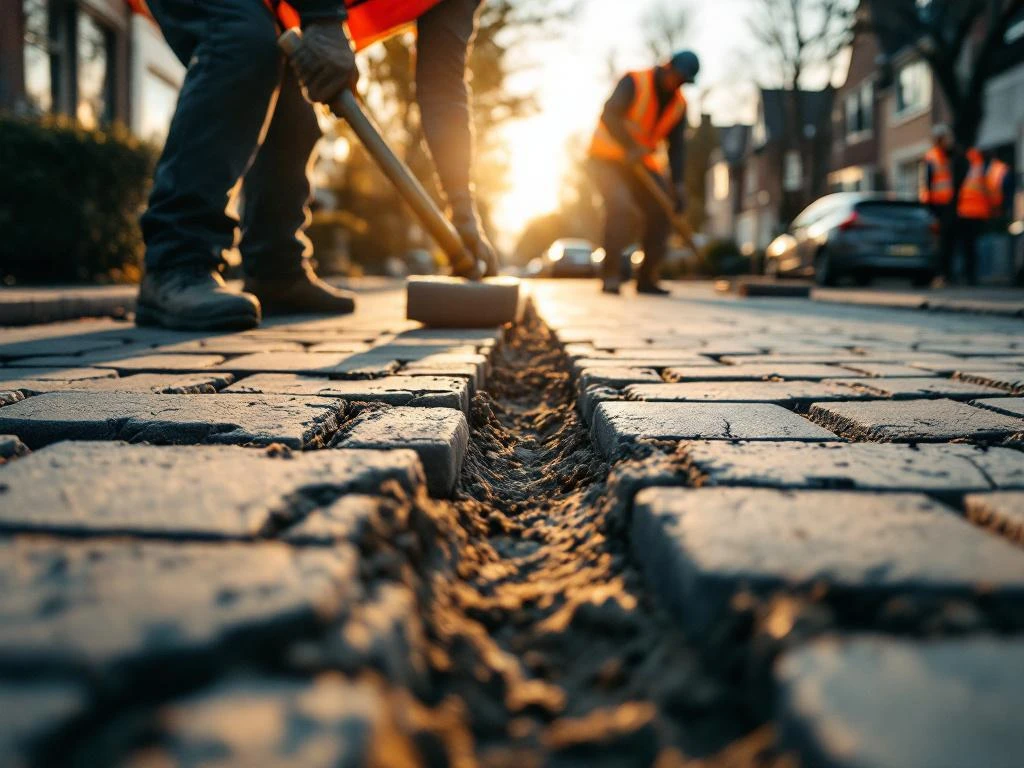 Wegwerkers leggen grijze straatstenen op Nederlandse woonstraat tijdens gouden uur, dragen oranje veiligheidsvesten