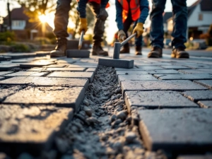 Wegwerkers leggen grijze bestratingstegels op Nederlandse woonstraat, dragen oranje veiligheidsvesten