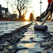Wegwerkers leggen grijze straatklinkers op vorstbeschadigde Nederlandse straat, dragen oranje veiligheidsvesten