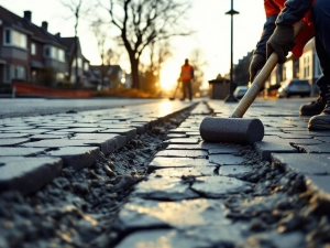 Wegwerkers leggen grijze straatklinkers op vorstbeschadigde Nederlandse straat, dragen oranje veiligheidsvesten